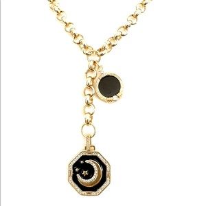 Chunky Rolo Chain Black Onyx Charm Necklace Moon Star Lariat Black Enamel Onyx